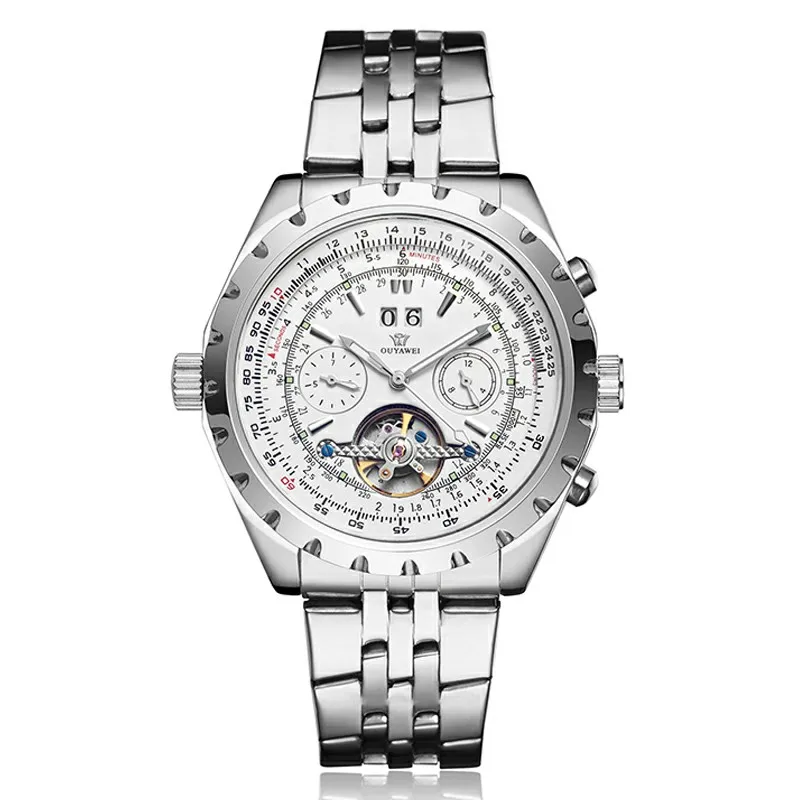 OUYAWEI العلامة التجارية الذاتي الرياح الميكانيكية ووتش الرجال صدمة مقاومة الفولاذ المقاوم للصدأ ساعة اليد أزياء اللباس الأعمال Relogio Masculino