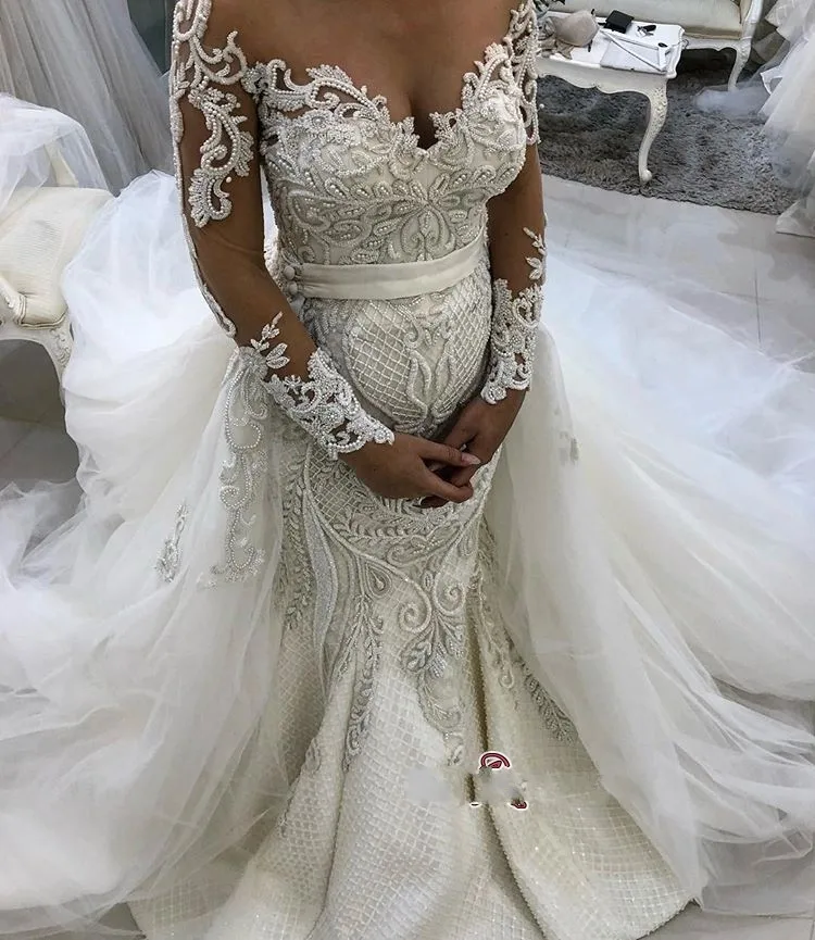 Ffashioanble бисером кружева свадебные платья с длинным рукавом платье невесты из тюля Съемный Поезд кнопка назад