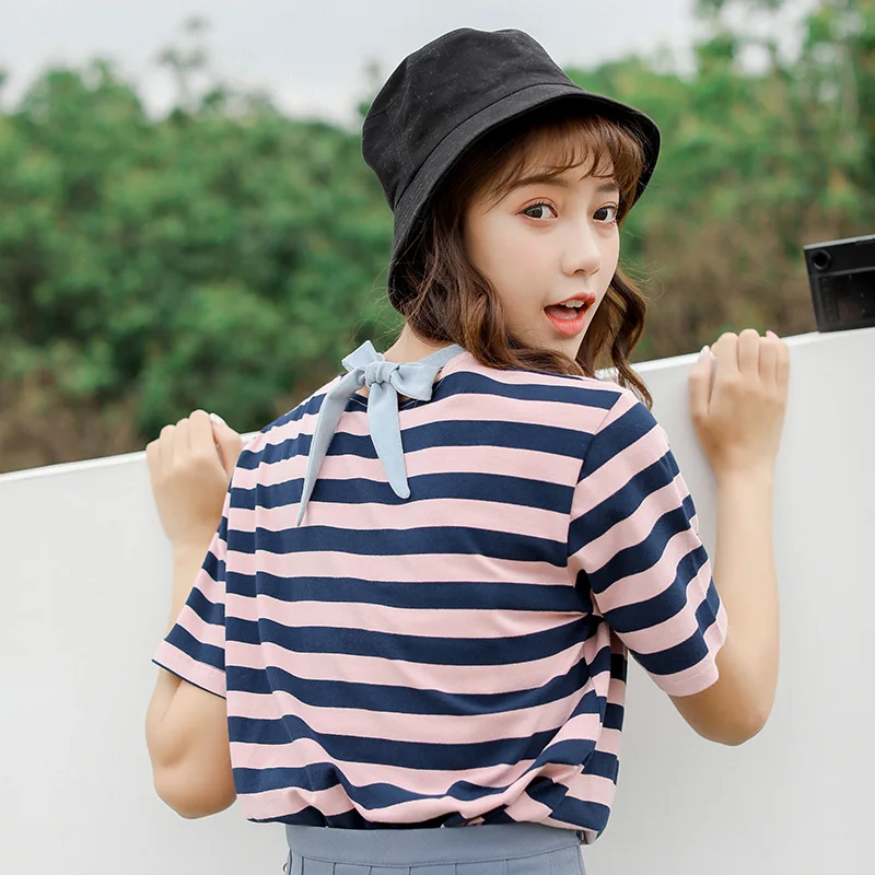 

Casual Bow Striped Short Sleeve T-shirt Women's Tshirts Japan Kawaii Ulzzang Female Sweet Lovely Harajuku Tshirt For Women Cute