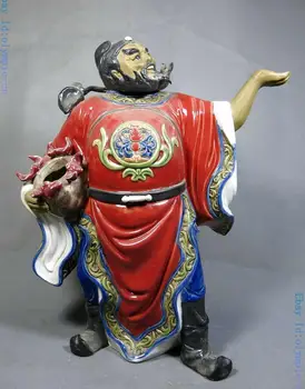 

14" China handmade pottery bat sculpture Lucky EXORCIST Zhong Kui buddha Statue