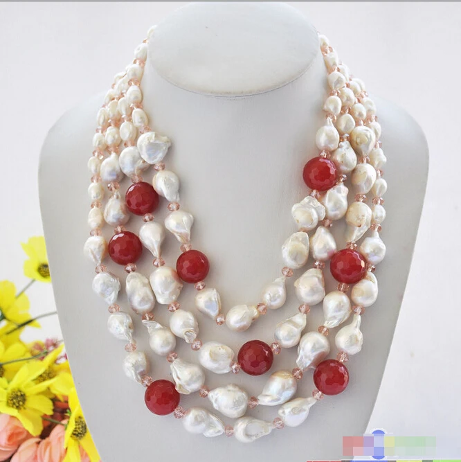 

P5009 4row 22" 25mm white baroque keshi reborn pearl red jade crystal NECKLACE