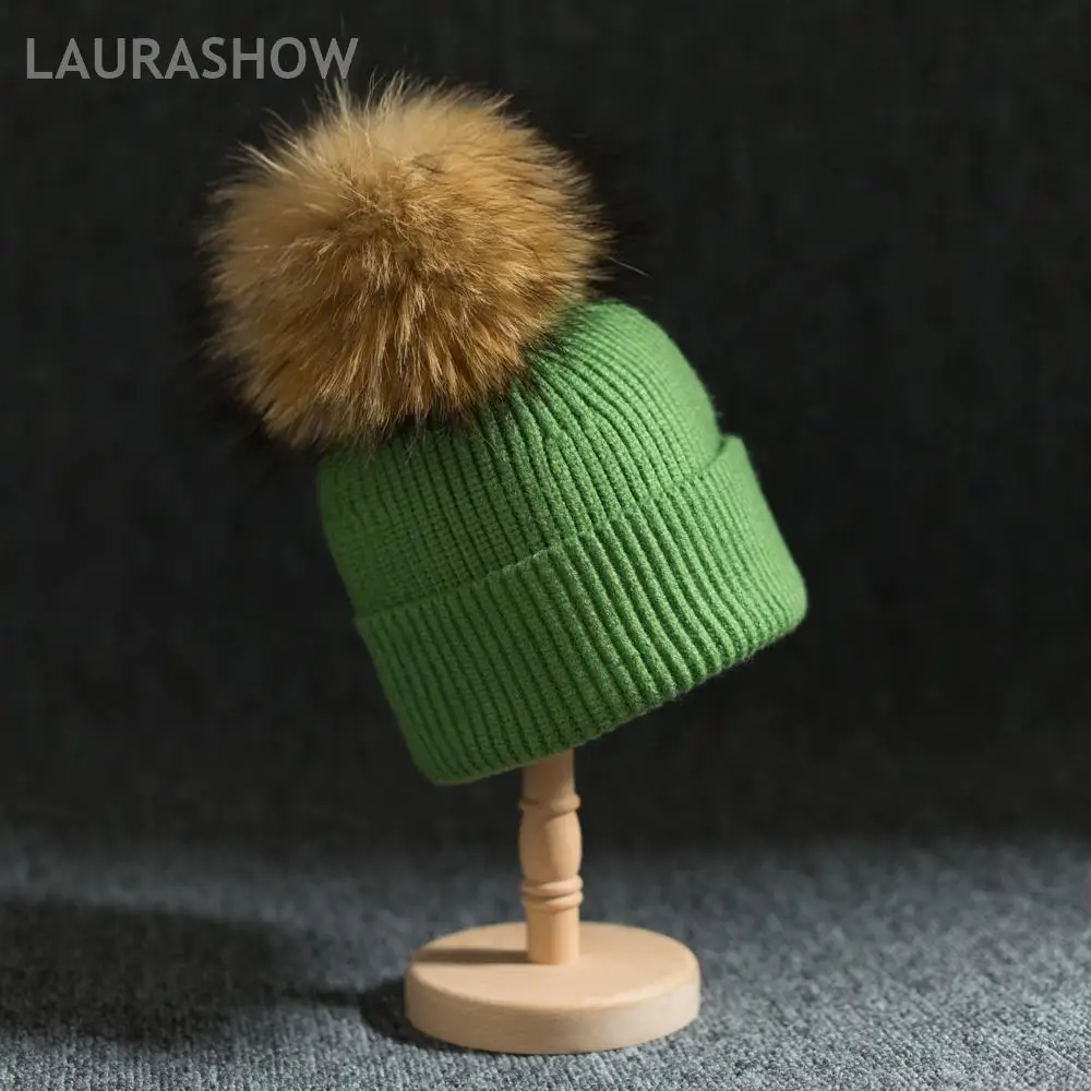 Лауразот норковый шарик из меха енота шапка 16 см помпоны 30% шерстяная зимняя шапка для женщин шапка для девочек вязаные шапки шапка новая женская шапка - Цвет: Армейский зеленый