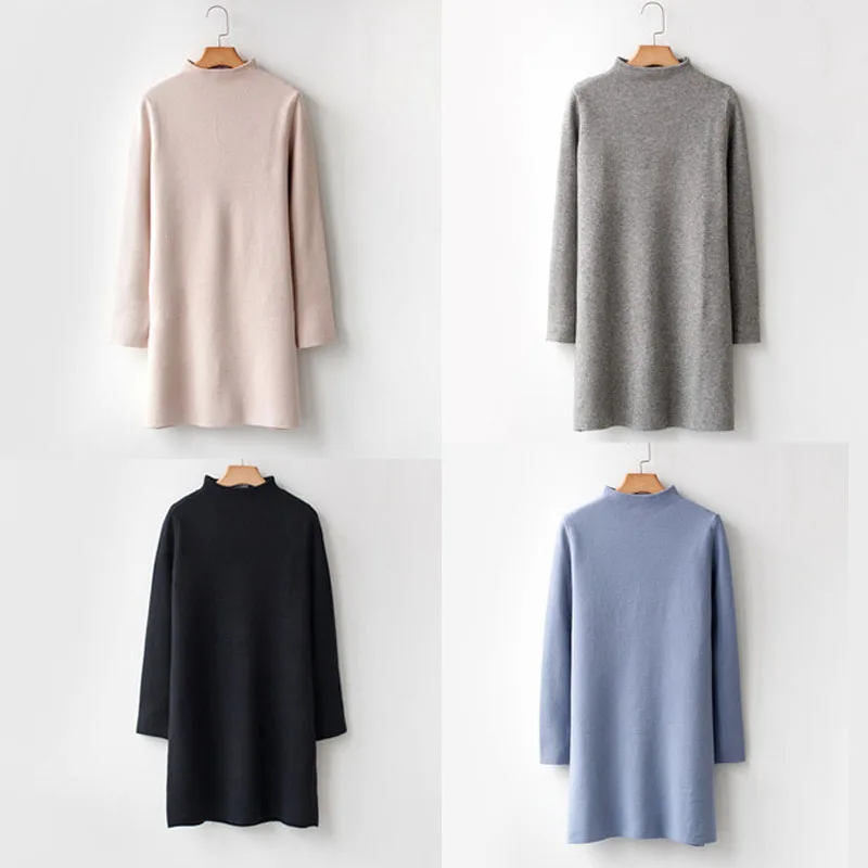 Goedkoop Super goede kwaliteit kasjmier warme coltrui jurk 2018 winter lente mini jurk rechte lange mouwen jurken solid trui dikke