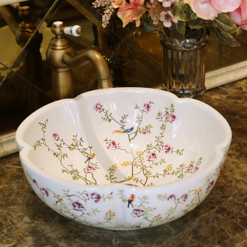 Flowers and birds Painting Chinese Style Ceramic Art Basin Sinks