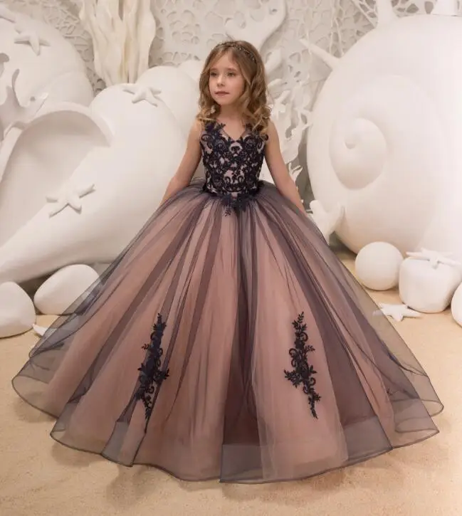 

Black Flower Girl Dresses for Wedding V Neck Floor Length Satin Tulle Ball Gown Kids Wedding Party Dresses