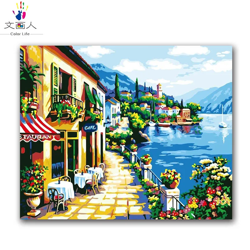 

scenery diy digital oil painting package by numbers with kits Colorful block street Romantic seaside bedroom decoration