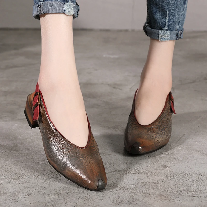 VALLU/; женская обувь из натуральной кожи в стиле ретро с тотемным узором; женские туфли с острым носком на низком квадратном каблуке; женские босоножки с ремешком на пятке
