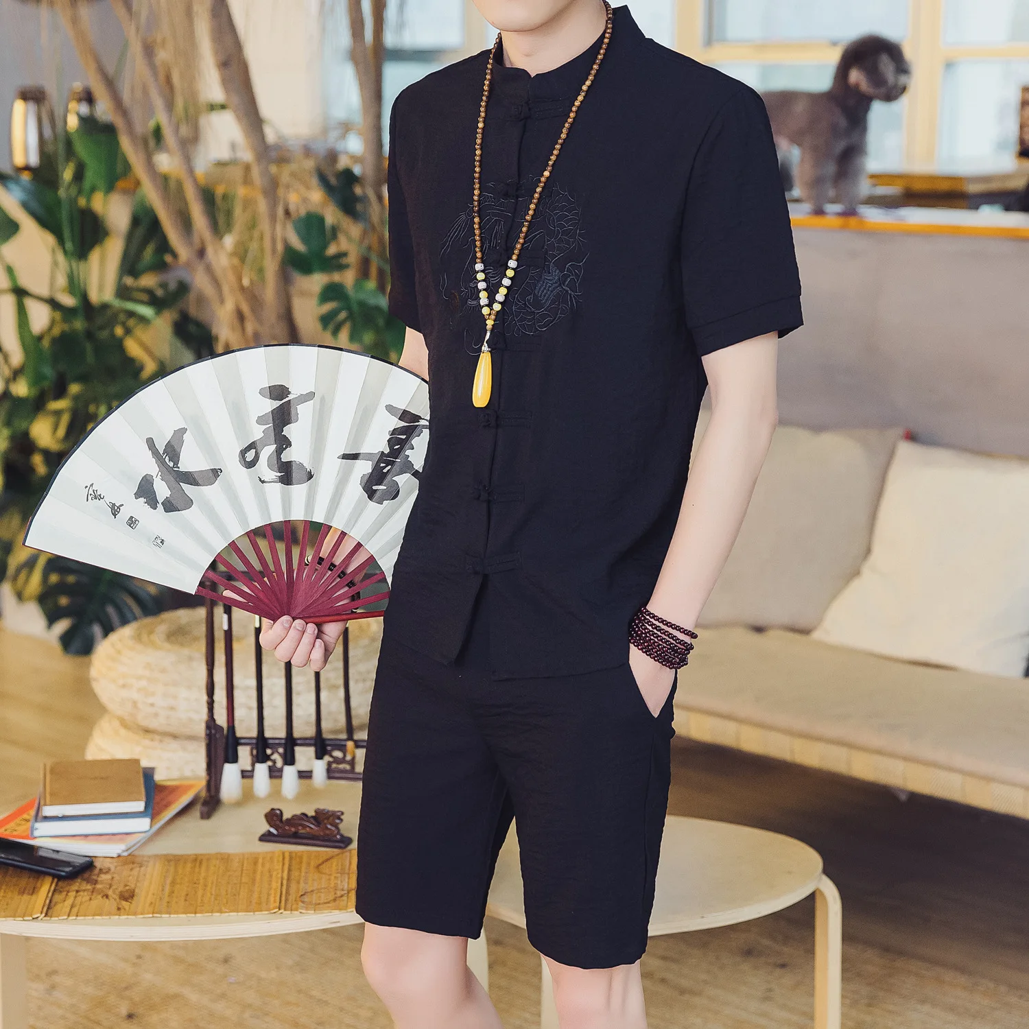 Casual Men Embroidery Dragon Shirt pants Cotton Linen Plus Size Vintage Kung Fu Set Chinese Style 5