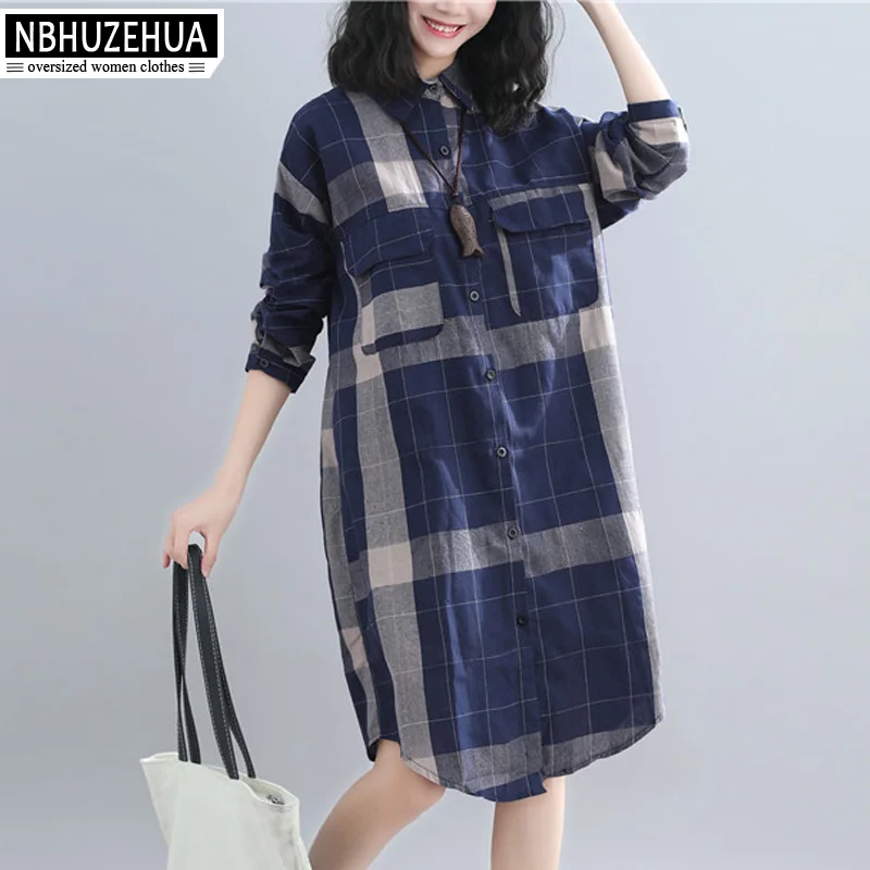 

NBHUZEHUA 2019 Spring Women Blouse Long Sleeve Retro Plaid Shirt Womens Large Size Tops Cardigan Clothes 4XL 5XL 19-D92