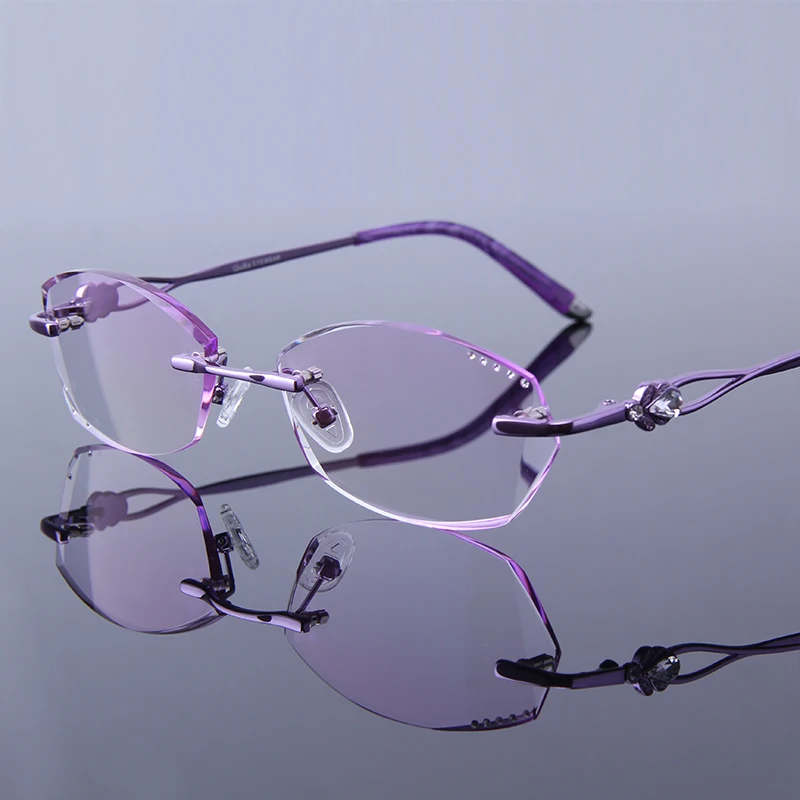 

Rhinestone Reading Glasses Women High Clear Lenses Purple Frame Rimless Female Hyperopia Frameless Ladies Presbyopic Eye Glasses