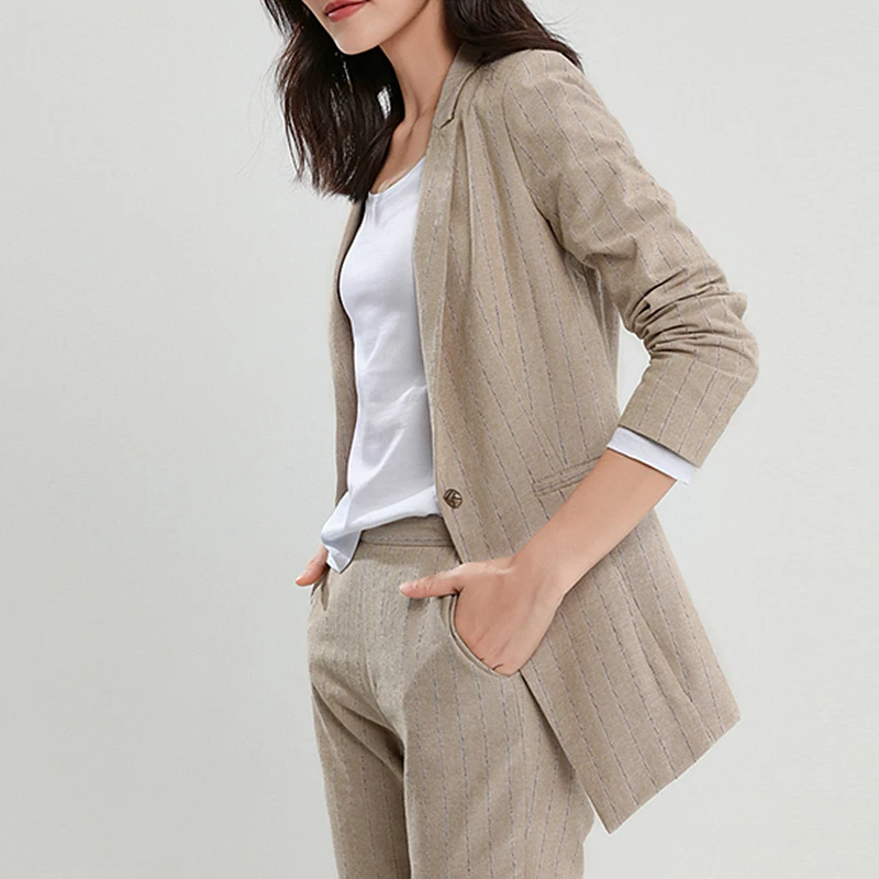 Blazers Women 20% Linen 50% Cotton Blended Simple Design Single Button  Pockets Ladies Causal Suit Coat Spring New Fashion