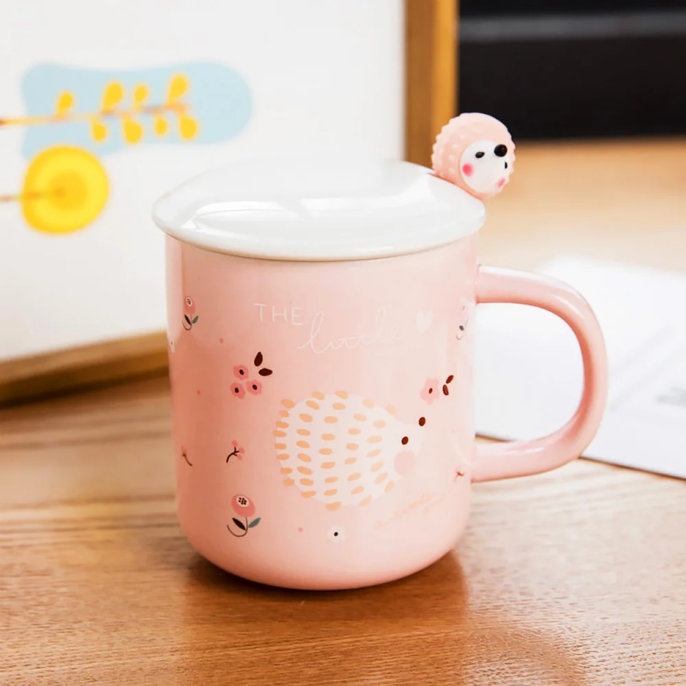 

Unique Cute Hedgehog Style Ceramic Mugs with Lid and Spoon Cartoon Creative Porcelain Moring Cu for Milk Coffee Tea 360ml SH92