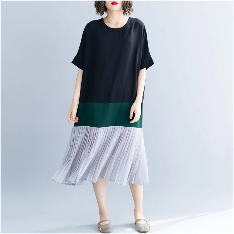 

Johnature Women Clothing Casual New Patchwork Loose Dresses For Summer O-neck Short Sleeve Pleated Korean Dresses 2019