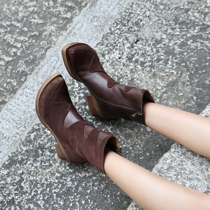 

VALLU Brand Mid-Calf Boots For Women 2018 New Vintage Design Natural Leather Lady Shoes Block Heel Zipper Soft Female Boots