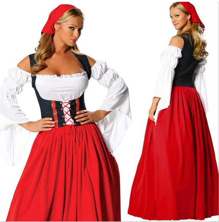 Image New ! Oktoberfest Beer Festival October Dirndl Red Maid Peasant Skirt Dress Apron Blouse Gown German Wench Costume Fancy Dress