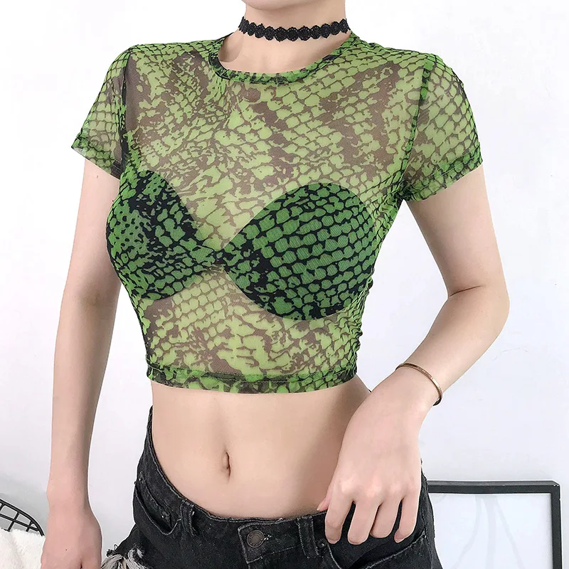 

NORMOV Fashion Women Tops Summer O Neck Exposed Belly Mesh Hollow Out Snake Print Polyester T Shirt Sexy Club Short Tops