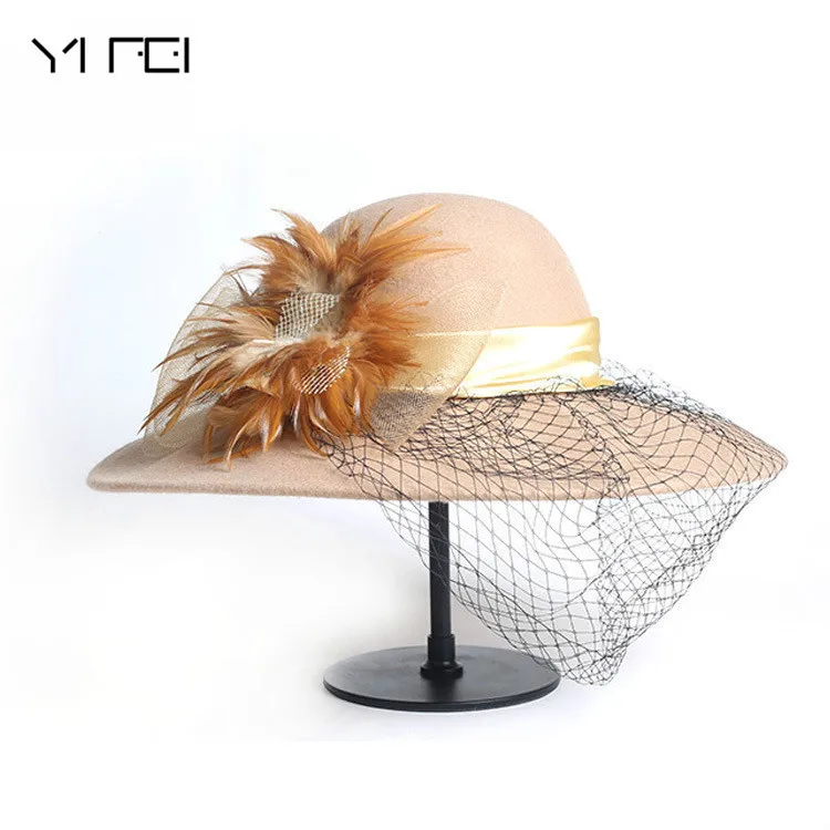 

Winter 100% Wool Fedora Hat Women Black Vintage Wide Brim Felt Hats Cloche Fedora Elegant Veil Hat Lady Church Sombreros