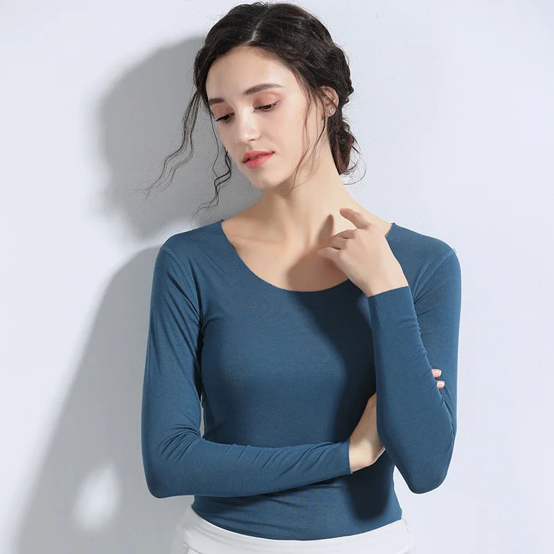 

Ladies 2019 Spring Slim Long Sleeves T-shirt No Trace Solid Color Bottoming Shirt