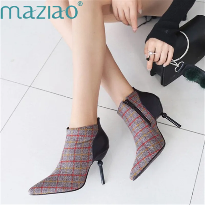 

Office Party Side Zipper Platform Pointed Toe Martin Boot High Thin Heels Ankle Boots Shoes Plaid Clth Sexy Short Boots MAZIAO