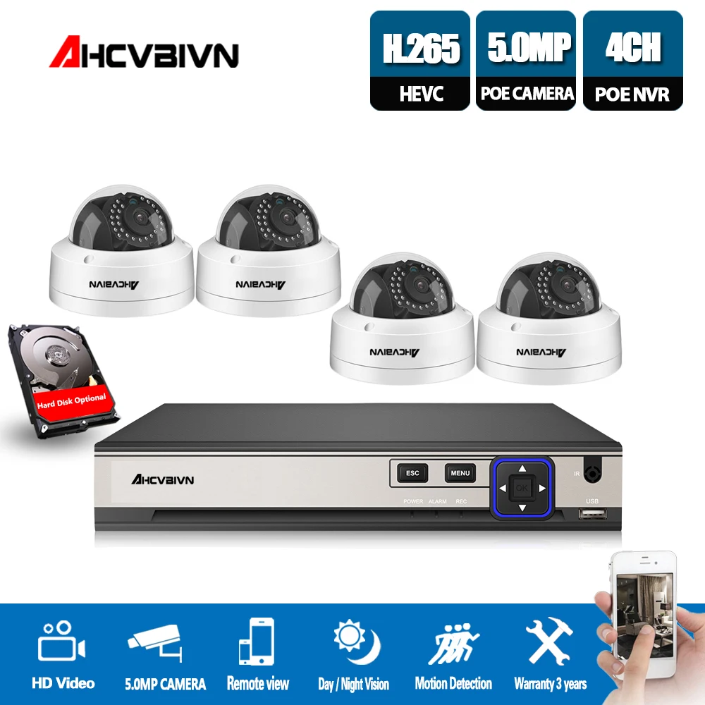 

AHCVBIVN H.265 4CH 5MP CCTV Camera System 4PCS 5mp Waterproof Surveillance Kit PoE 48V Security Camera Kit Motion Detection
