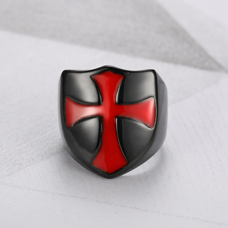 

Punk Size 7-13# Stainless Steel Titanium Red Cross Shield Knight Templar Crusader Back Plated Medieval Signet Cross Ring