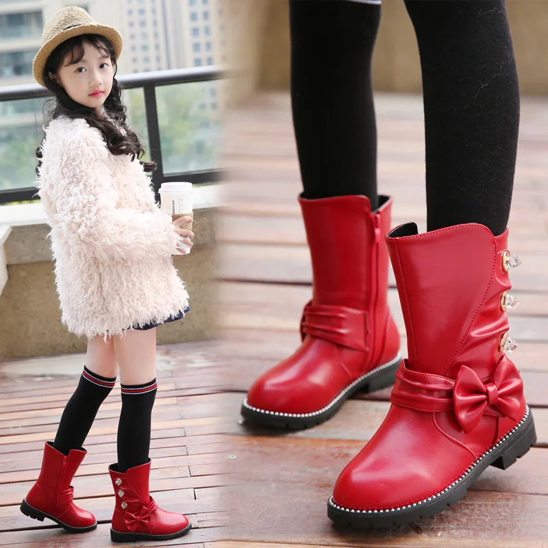 

2018 Winter Girls Fashion Princess Warm Shoes Children Snow Boots Leather Kids Martin Boots Big Bow Waterproof Red Black Pink