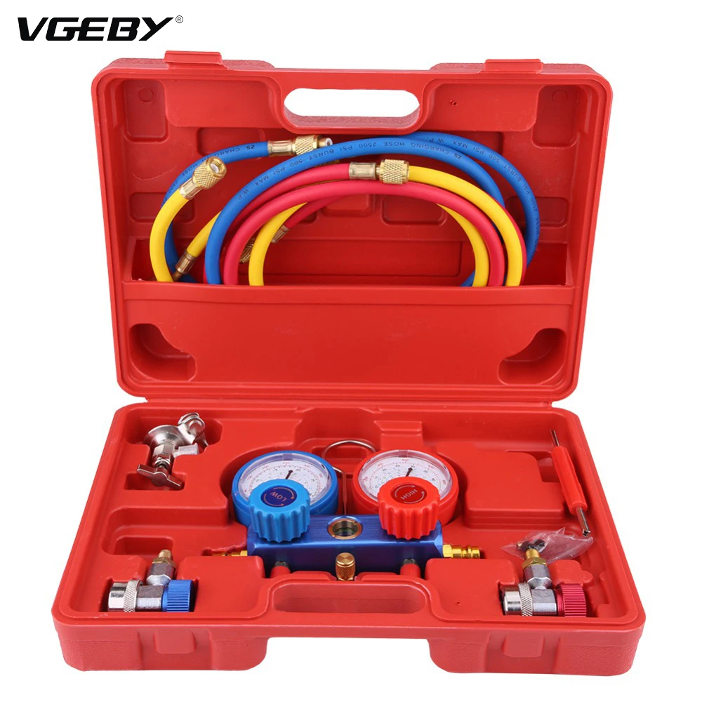 

Oversea R134a Air Conditioner A/C Manifold Gauge Set with 5ft Charging Hose Tool Refrigeration Air Conditioning Tools