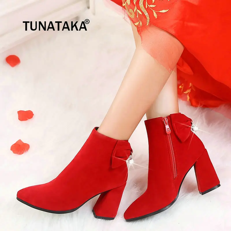 

New Winter Faux Suede Thick High Heel Ankle Boots Fashion Side Zipper Crystal Pointed Toe Women Shoes Red Black