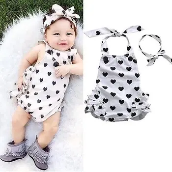 

Baby Girl 2pcs Clothes Bebes Sleeveless Heart Bodysuit Jumpsuit Bodysuit+Headband Outfits Summer Cotton Clothes