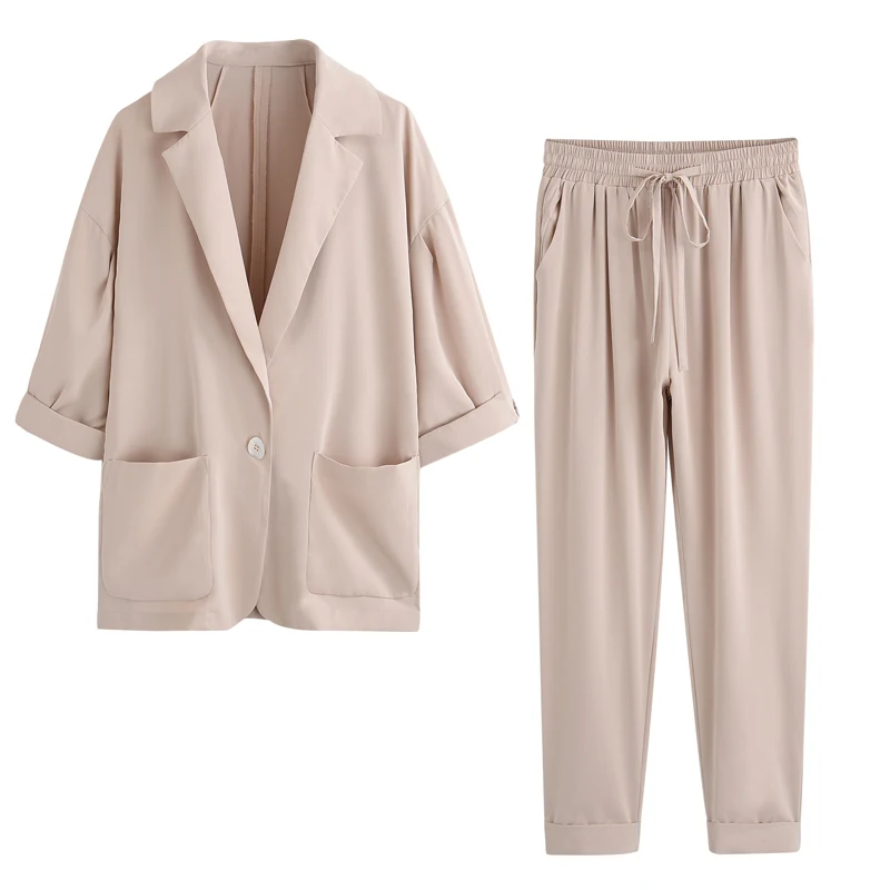 

PERHAPS U pink khaki turn down collar notch notch collar blazer elastic waist pants women two pieces set T0180