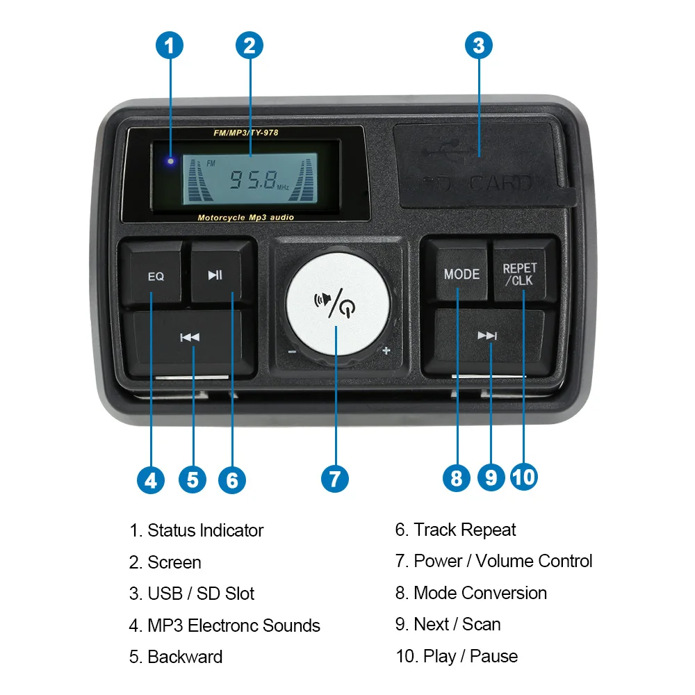 Система усилителя звука для мотоцикла стереоколонка 3 дюйма на руль FM MP3 USB SD AUX с