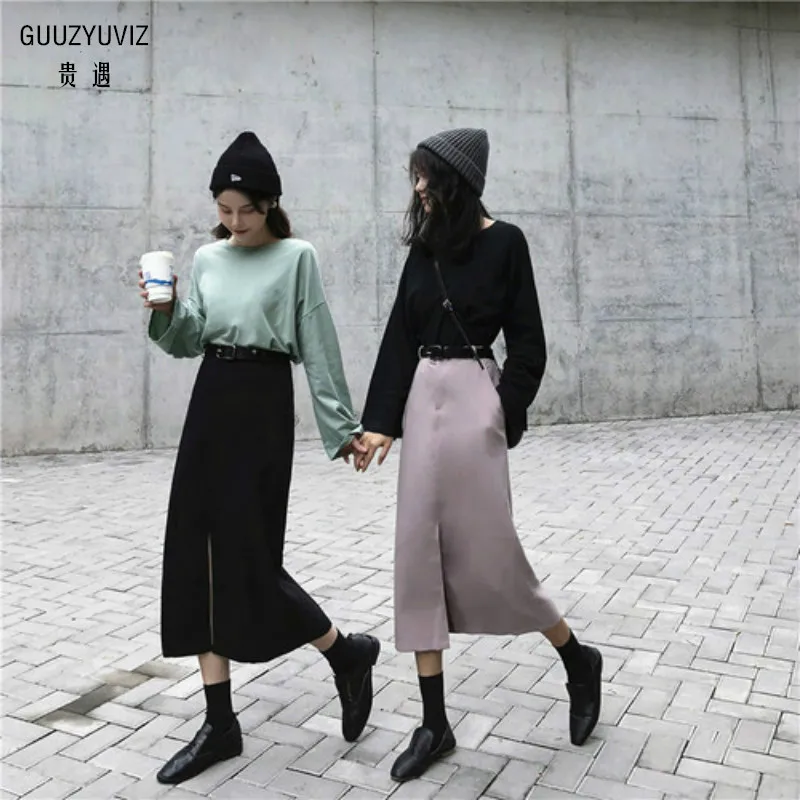 Женская длинная юбка GUUZYUVIZ винтажная Однотонная с высокой талией на весну