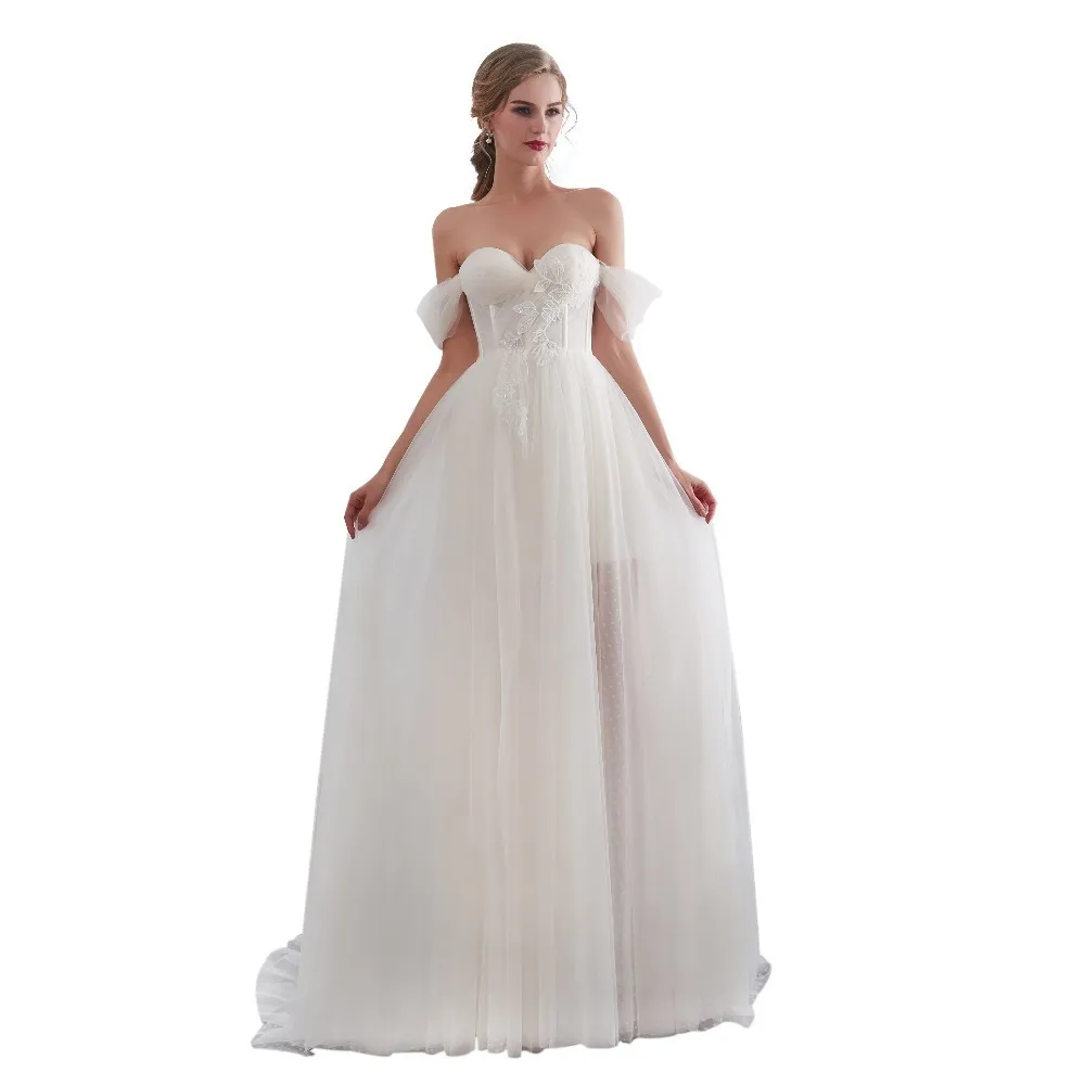 

vivian's bridal summer sweetheart off shoulder women short wedding dress appliques sweep train illusion tulle bridal dress