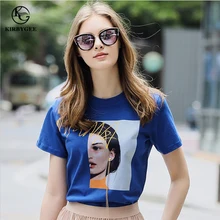KirbyGee Elegant Blue Aesthetic T shirt Summer Cotton Oversized Graphic Tee Shirt Women Harajuku Letter Printed Tshirt Tops letter graphic oversized maxi dress