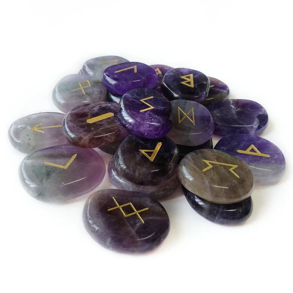 

Meet Jo 25pcs Natural Amethyst Rune Stones Set Engraved Lettering Wiccan Pagan Amulets Nordic Rune & Free Pouch Wholesale