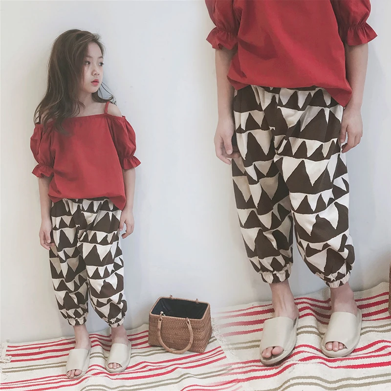 

4-13 years old girls pants summer Fashion children's trousers Cotton and linen Contrast triangle print Breathable anti-mosquito