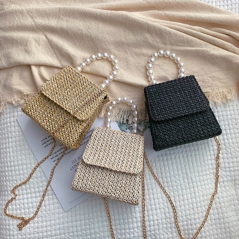 

Beach Women Messenger Bag Brand Designer Flap Shoulder Small Tote Bag Straw Woven Lady Handbag Summer New Pearl Crossbody Bag