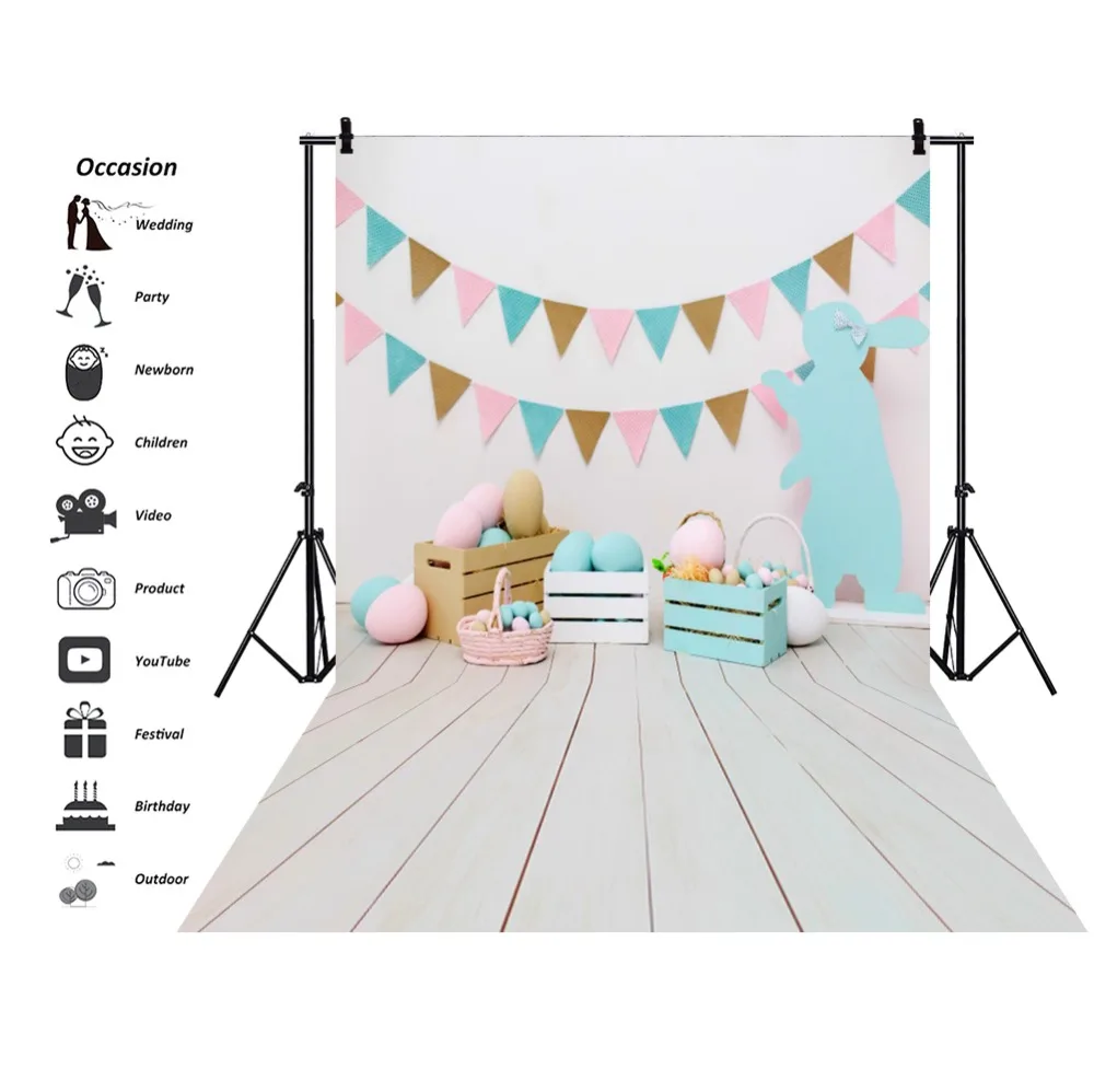 

Laeacco Gray White Wooden Floor Easter Day Eggs Party Rabbit Flag Baby Portrait Photo Backdrops Photo Backgrounds Photo Studio