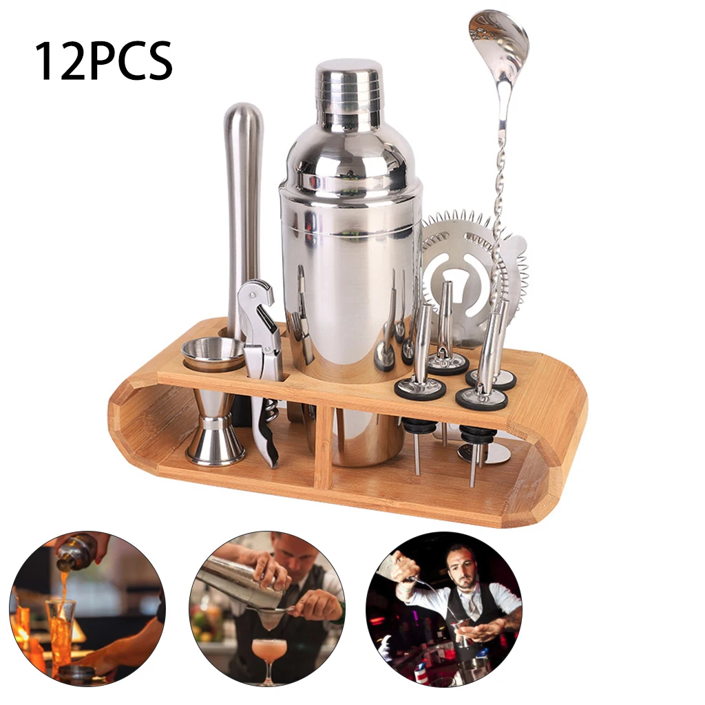 Koop 8 Pc 12 Pcs Cocktail Shaker Barman Kit Rvs Wijn Drinken Mixer Bartending Tool Met Houten Standaard Voor thuis Bar Party