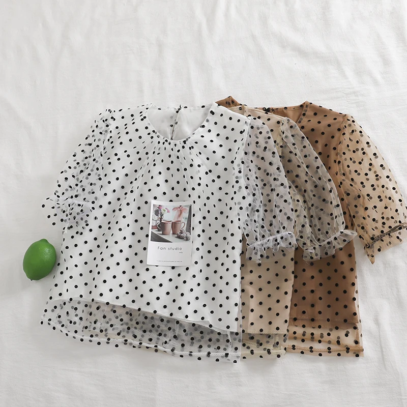 

Women Summer O-Neck Puff Sleeve Embroidery Polka Dot Basic Shirts Vintage Short Elastic Tulle Slim Mesh Gauze Voile Blouse Tops