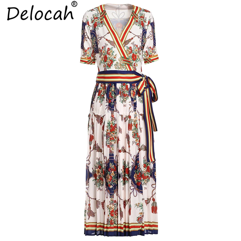 

Delocah Women Summer Dresses Runway Fashion Sexy Deep V Neck Floral Printed Bow Tie Elegant Vintage Party Ruched Long Dresses