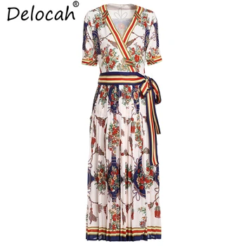 

Delocah Women Summer Dresses Runway Fashion Sexy Deep V Neck Floral Printed Bow Tie Elegant Vintage Party Ruched Long Dresses