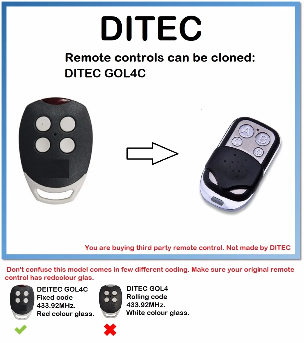 

DITEC GOL4C Universal Remote Control Duplicator 4-Channel (only for 433.92mhz fixed code)