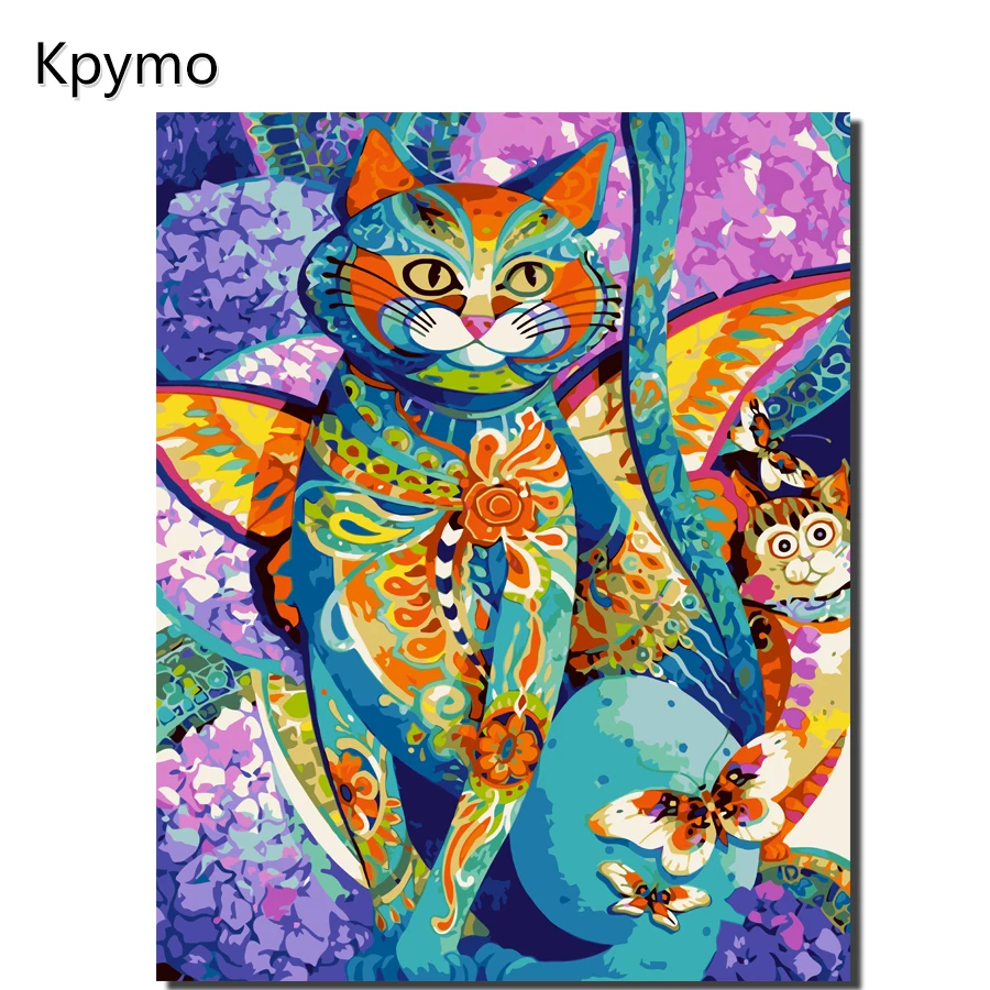 

Kpymo Framed Oil Painting By Numbers Of Cat HandPainted Canvas Modern Wall Picture For Living Room Home Decor Abstract butterfly