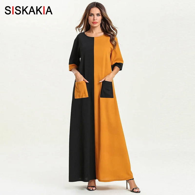 

Siskakia Summer 2019 Womens Maxi Long Dress Pockets Patch Color Block Patchwork Elegant Muslim Dresses Half Sleeve Eid Adha UAE