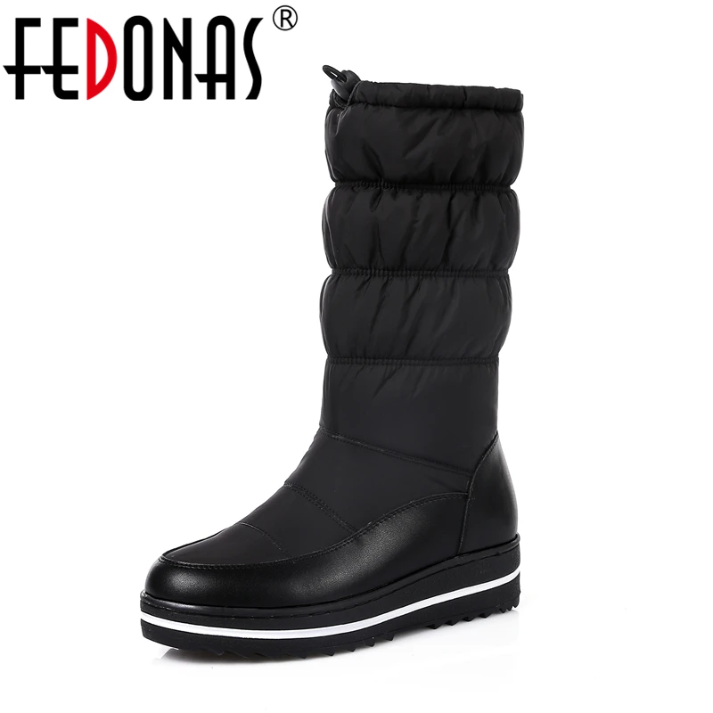 

FEDONAS New Genuine Leather Snow Boots Women Thick Fur Warm Down Mid Calf Winter Boots Round Toe Platform Shoes Woman Black