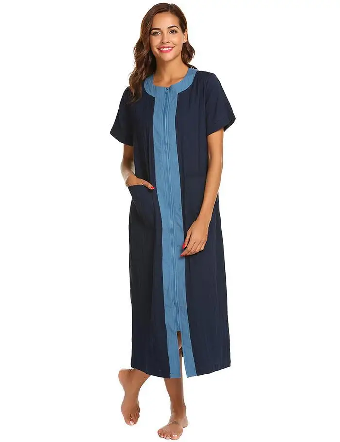 FINEJO, женская пижама, ночная рубашка, прямой круглый вырез, короткий рукав, длинные халаты на молнии, женские ночные рубашки, женская одежда для сна