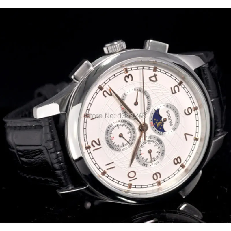 

44mm white dial parnis gold plated numbers automatic movement mechanical multi-function mens watch17
