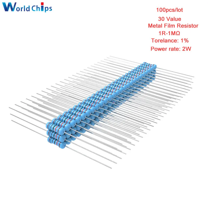 100 шт./лот 1% 2W 1R-1M Ω металлического пленочного резистора 1R 4.7R 10R 100R 220R 1K 2,2 K 4,7 K 6,8 K 10K 22K 47K 100K 470K 1 МОм Ohm Сопротивление