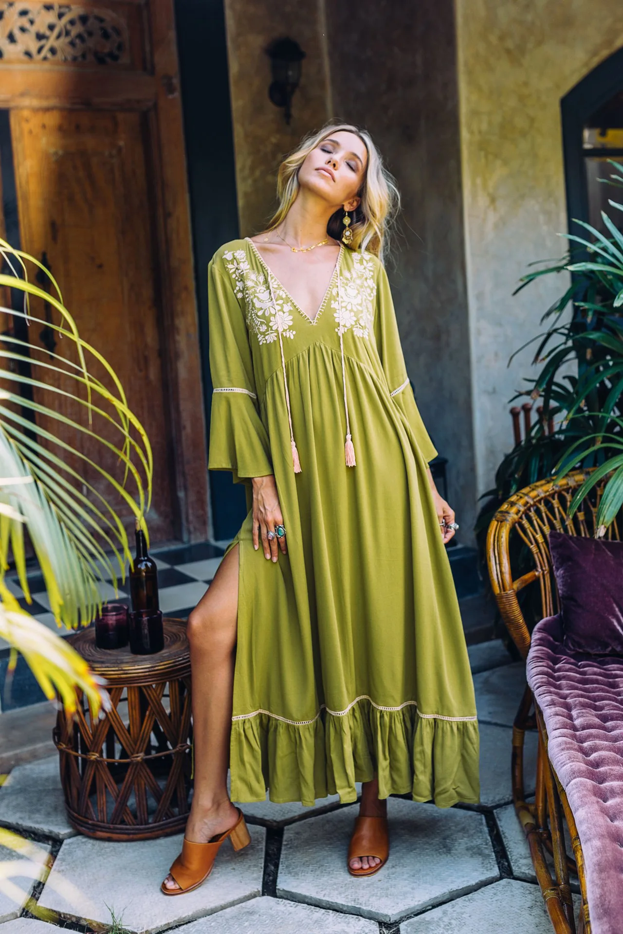 floral maxi vestido com decote em v